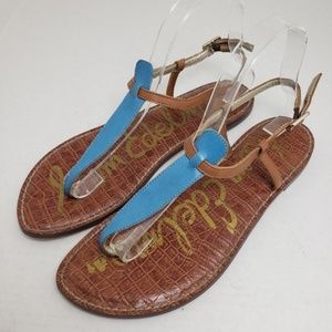 Sam Edelman Blue & Tan Flat Thong Buckle Sandals